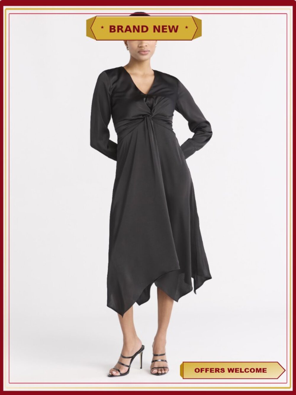 Twist Front Midi Dress V-Neck Shark Bite Hem